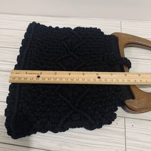 Handmade Black Macrame Faux Wooden Handle Bag New - Picture 9 of 10